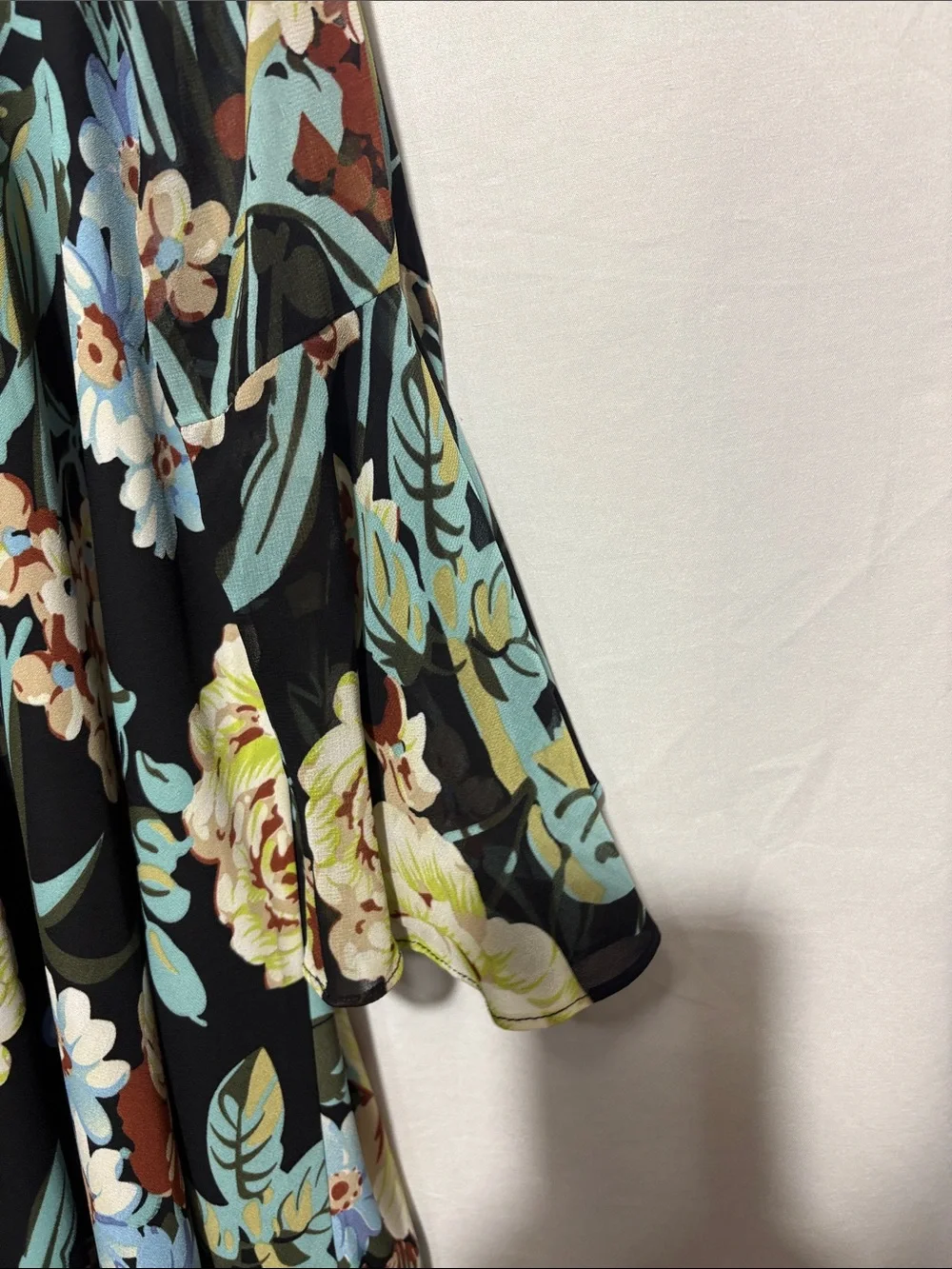 Paper Crown Black Floral Midi lined Dress with Bell Sleeves